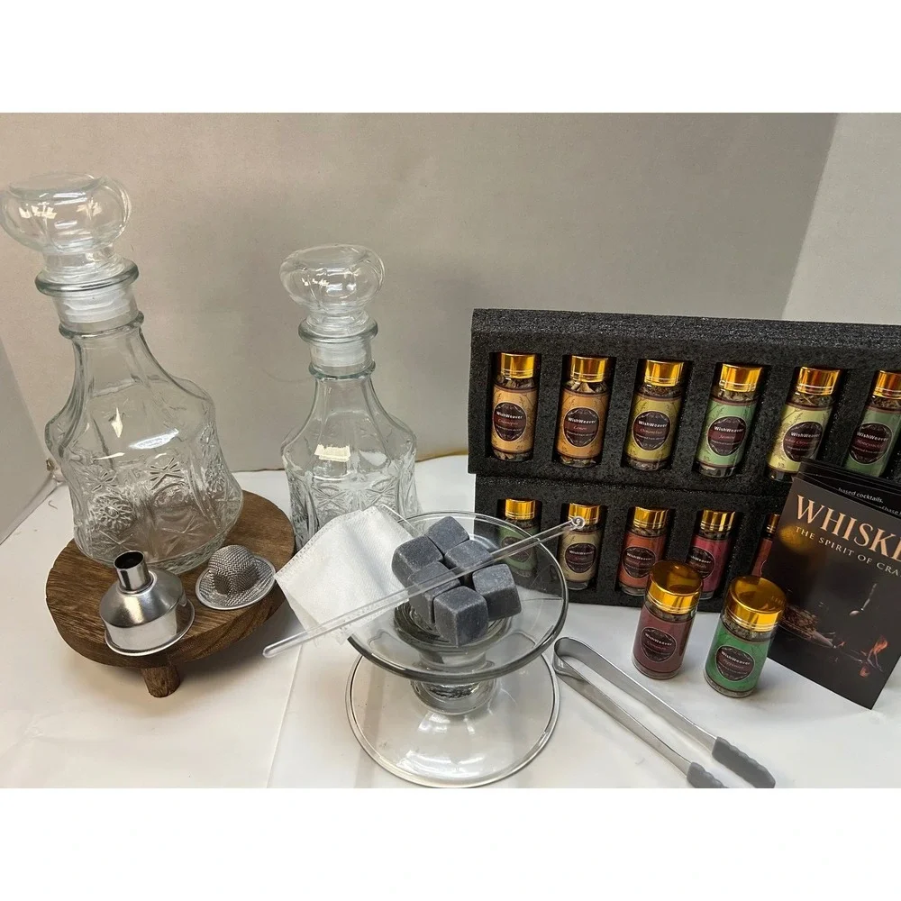 Wishweaver Premium Whisky Infusion Kit 2 Decanters 14 Spices Whiskey Stones Set